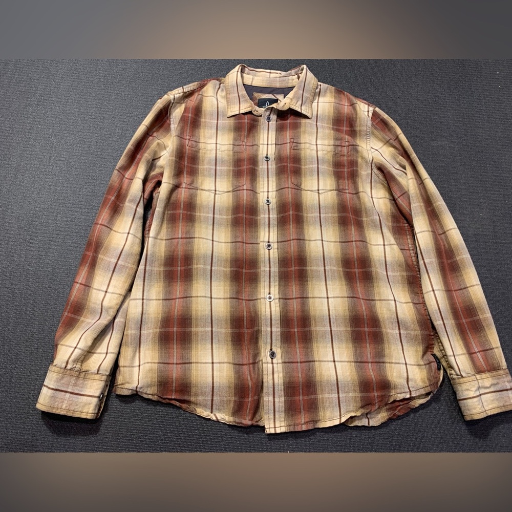 PRANA Avesta Long Sleeve Red Brown Plaid Button Down Shirt Size Medium